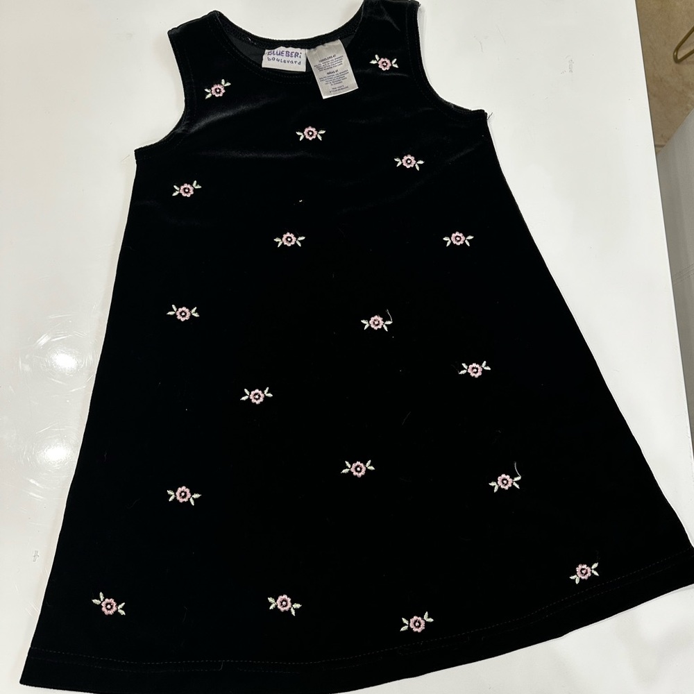 Vintage Girls Blueberi Boulevard Black Velvet Dress Pink Floral Embroidery 4T